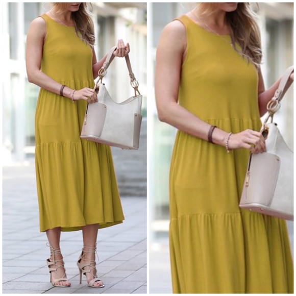 Olive Mustard Amazing Soft Oversized Tiered Midi Dress - Picture 2 of 6